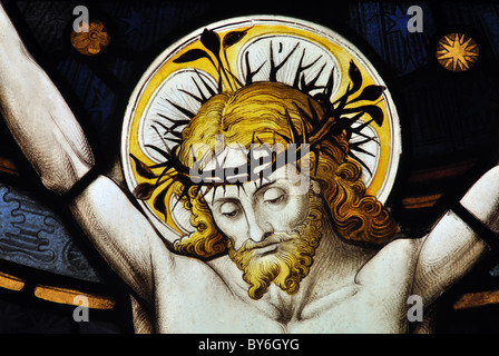 Christ with crown of thorns stained glass, St. Andrew`s Church, Burton Overy, Leicestershire, England, UK Stock Photo